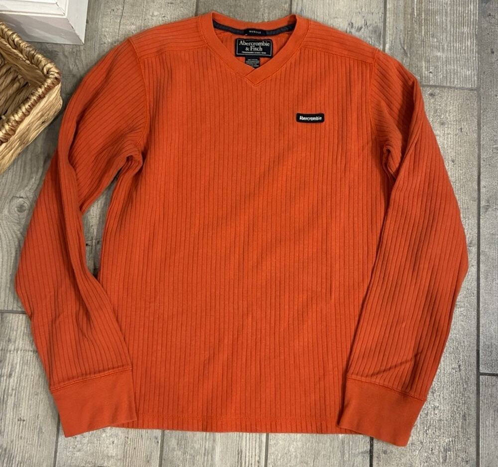 Vtg Y2K Abercrombie & Fitch Muscle Fit Ribbed Sweater Mens Small Orange V-Neck